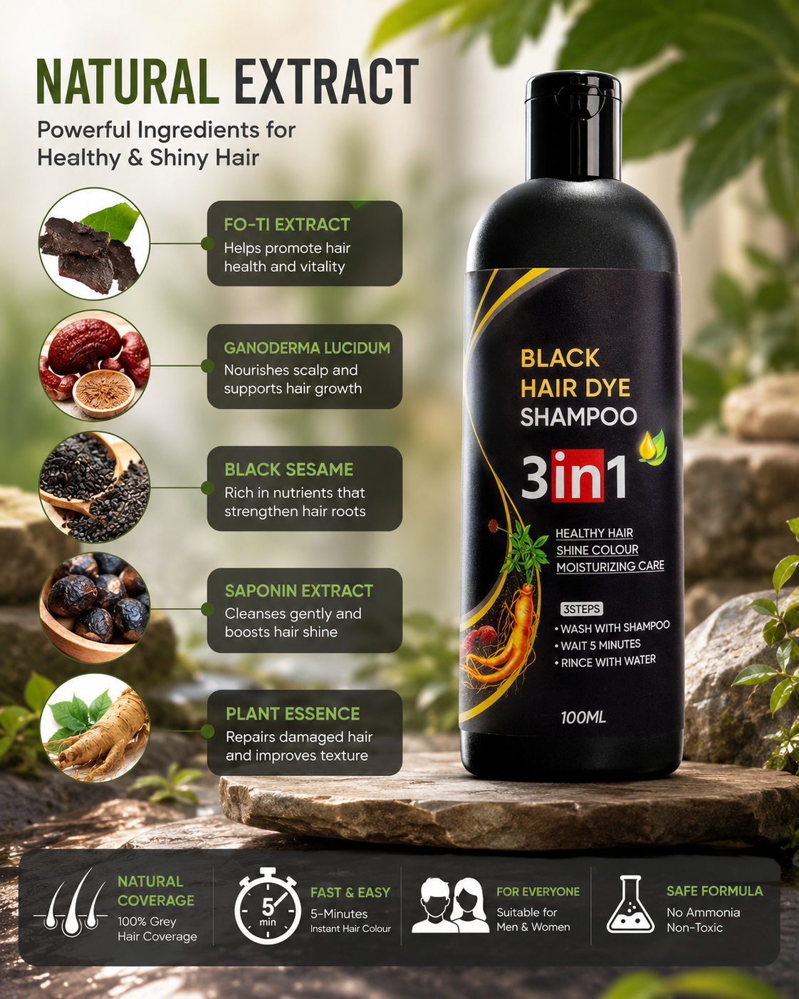 Instant Dye Black Hair Shampoo | Buy 1 Get 1 Free