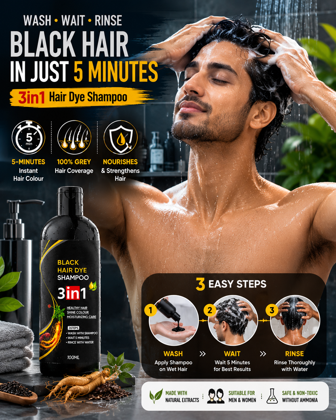 Instant Dye Black Hair Shampoo | Buy 1 Get 1 Free